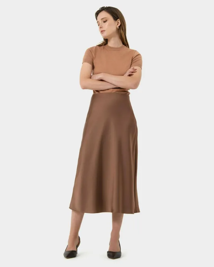 Forcast Kalena Satin Bias Skirt Dark Camelblack Women Midi and Maxi Skirts
