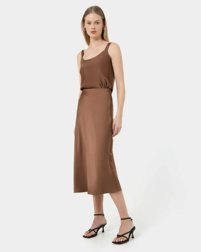 Forcast Kalena Satin Bias Skirt Dark Camelblack Women Midi and Maxi Skirts