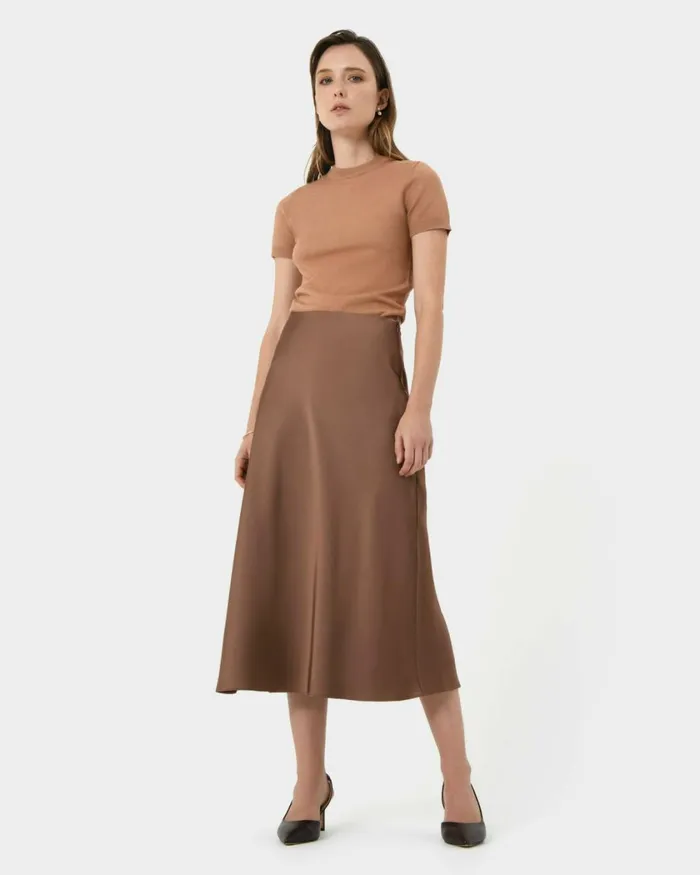 Forcast Kalena Satin Bias Skirt Dark Camelblack Women Midi and Maxi Skirts