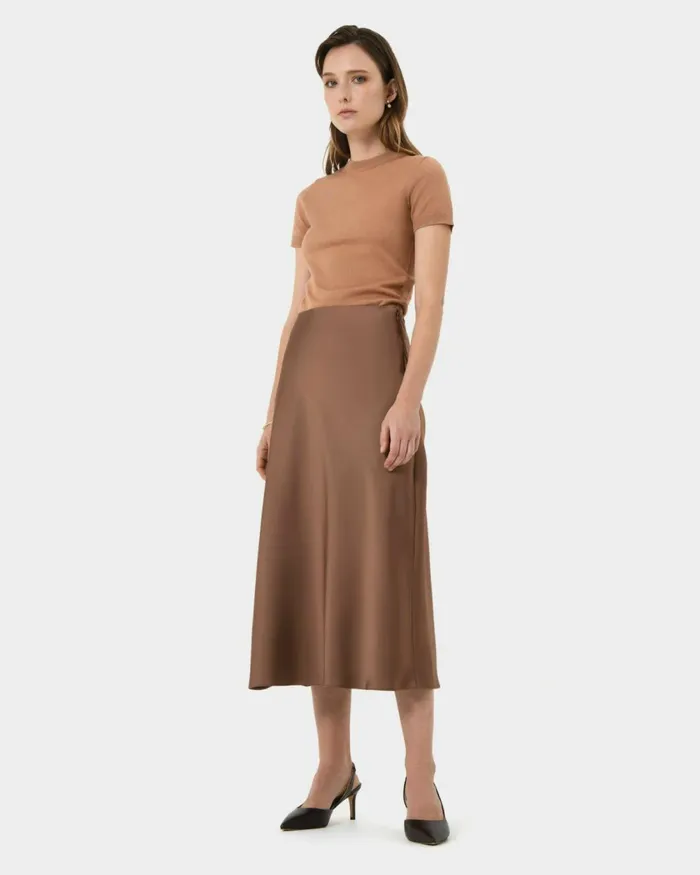 Forcast Kalena Satin Bias Skirt Dark Camelblack Women Midi and Maxi Skirts