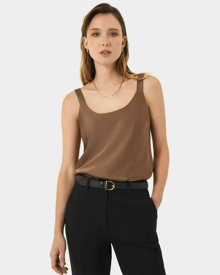 Forcast Kalena Satin Cami Top Dark Camelblack Women TShirts and Tops