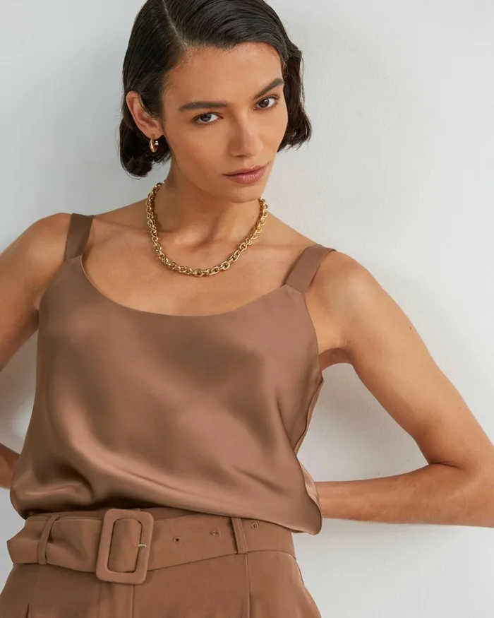 Forcast Kalena Satin Cami Top Dark Camelblack Women TShirts and Tops