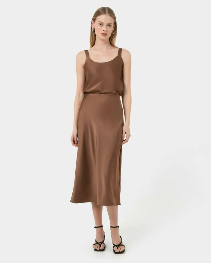 Forcast Kalena Satin Cami Top Dark Camelblack Women TShirts and Tops