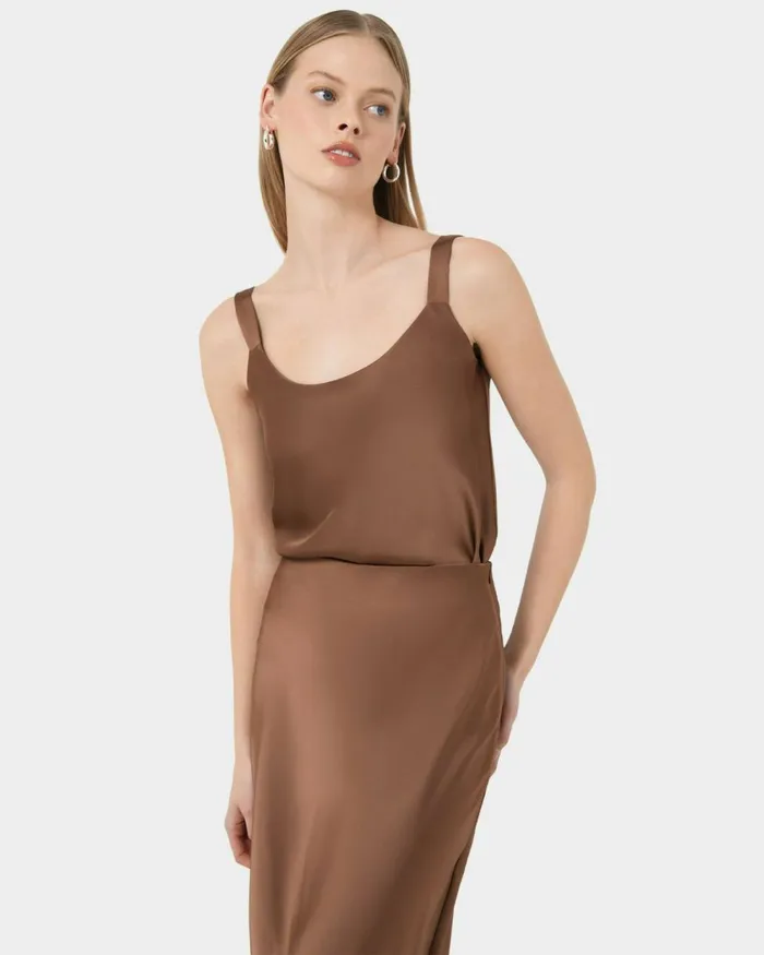 Forcast Kalena Satin Cami Top Dark Camelblack Women TShirts and Tops