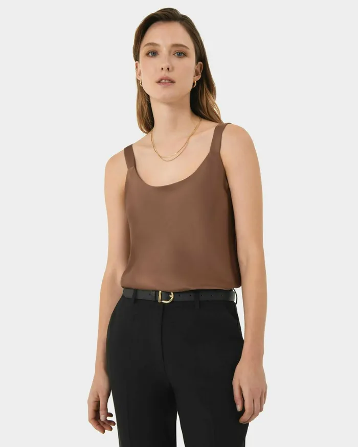 Forcast Kalena Satin Cami Top Dark Camelblack Women TShirts and Tops