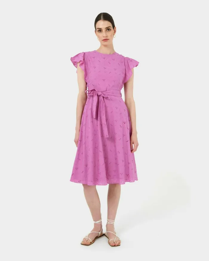 Forcast Kavya Tiewaist Cotton Dress Bright Orchidwhite Women Midi Dresses
