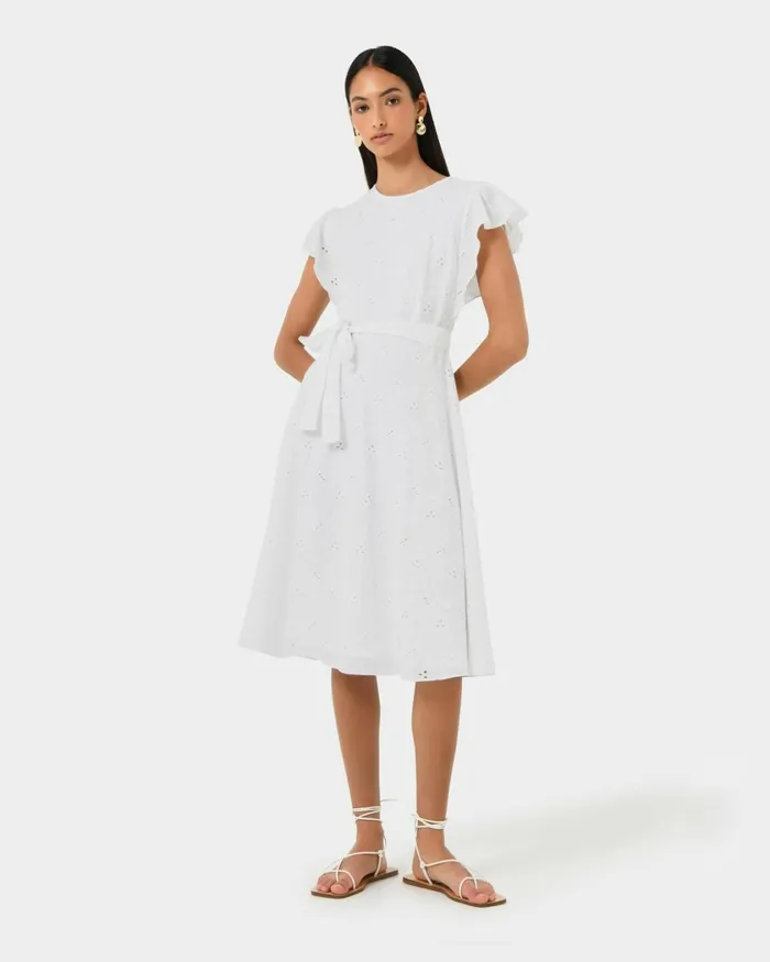Forcast Kavya Tiewaist Cotton Dress Bright Orchidwhite Women Midi Dresses