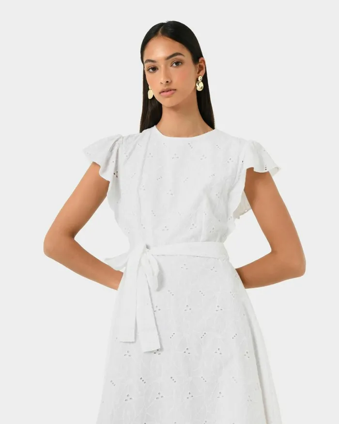 Forcast Kavya Tiewaist Cotton Dress Bright Orchidwhite Women Midi Dresses