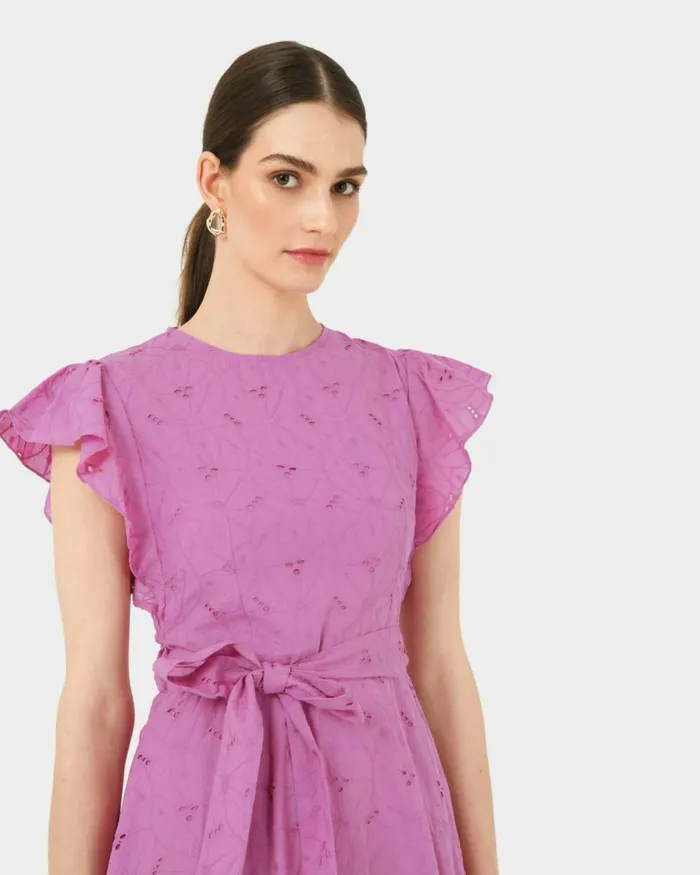 Forcast Kavya Tiewaist Cotton Dress Bright Orchidwhite Women Midi Dresses