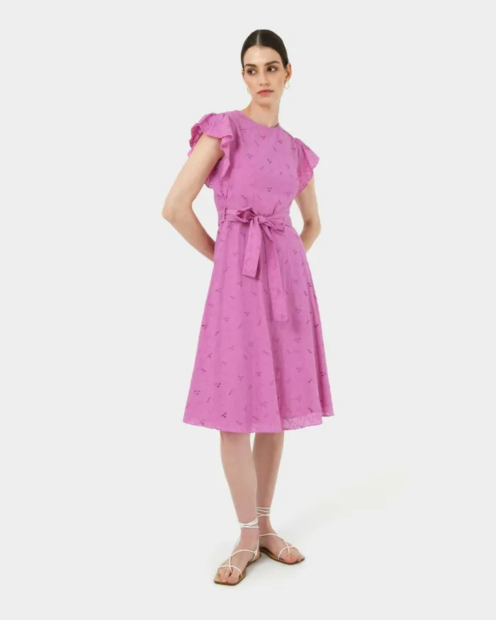 Forcast Kavya Tiewaist Cotton Dress Bright Orchidwhite Women Midi Dresses