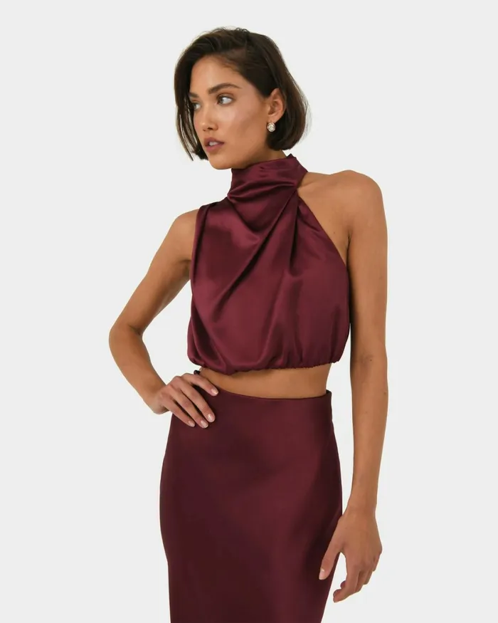 Forcast Kaye Asymmetric Cowl Neck Top Wine Women TShirts and Tops