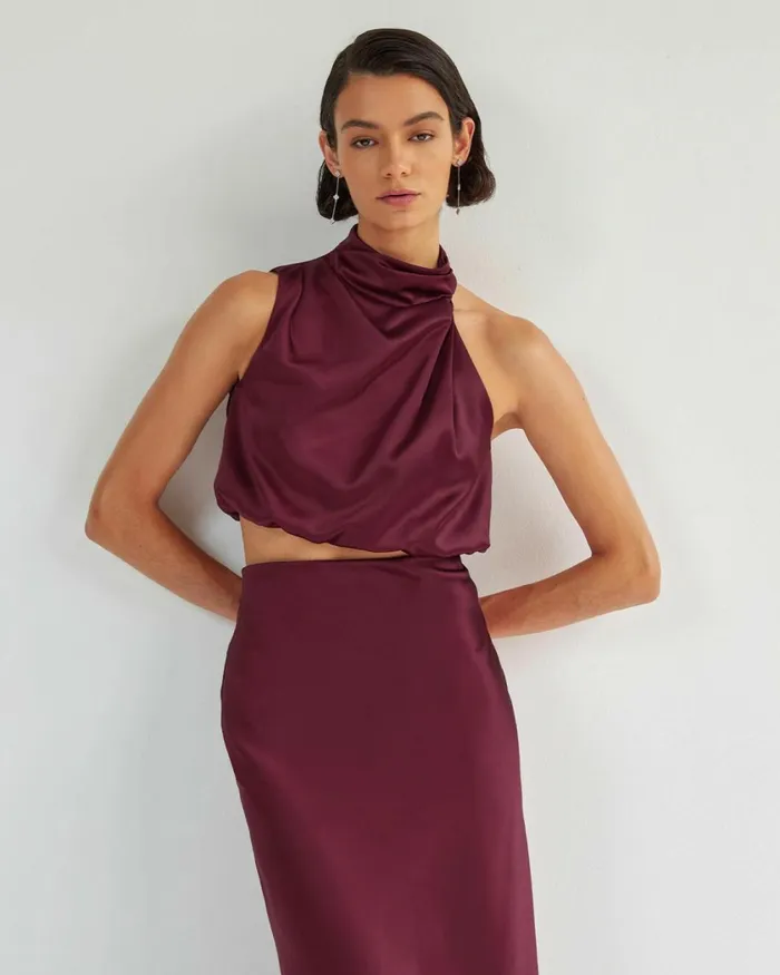 Forcast Kaye Asymmetric Cowl Neck Top Wine Women TShirts and Tops