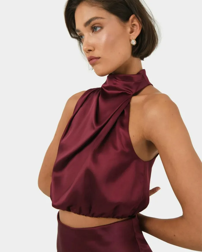 Forcast Kaye Asymmetric Cowl Neck Top Wine Women TShirts and Tops