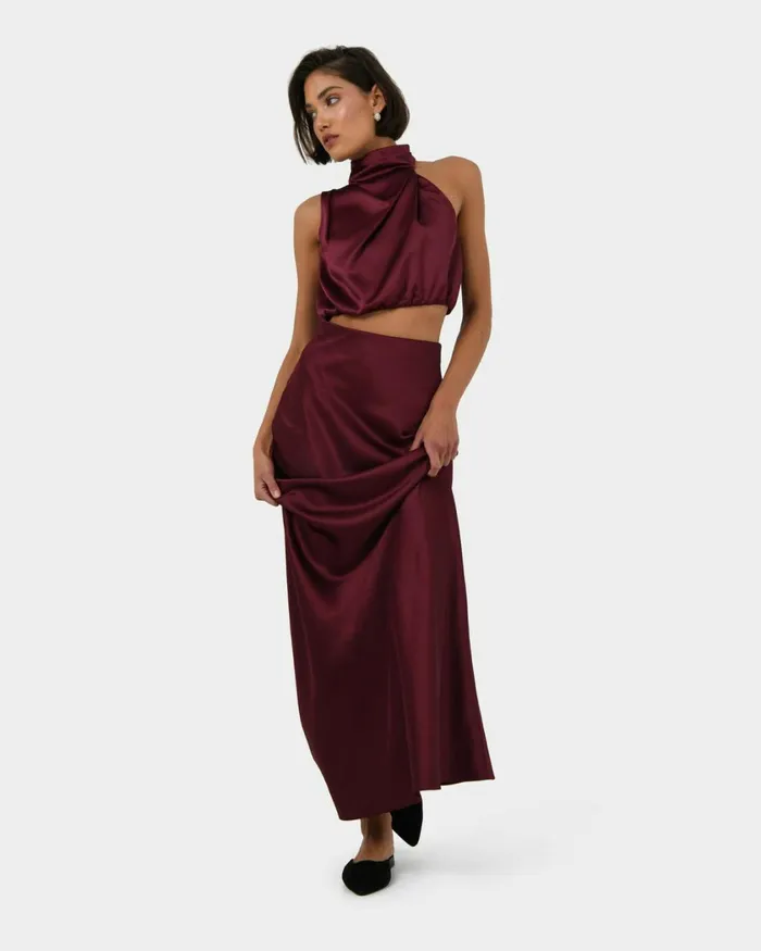 Forcast Kaye Asymmetric Cowl Neck Top Wine Women TShirts and Tops