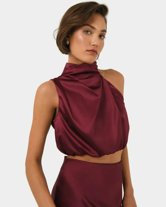 Forcast Kaye Asymmetric Cowl Neck Top Wine Women TShirts and Tops