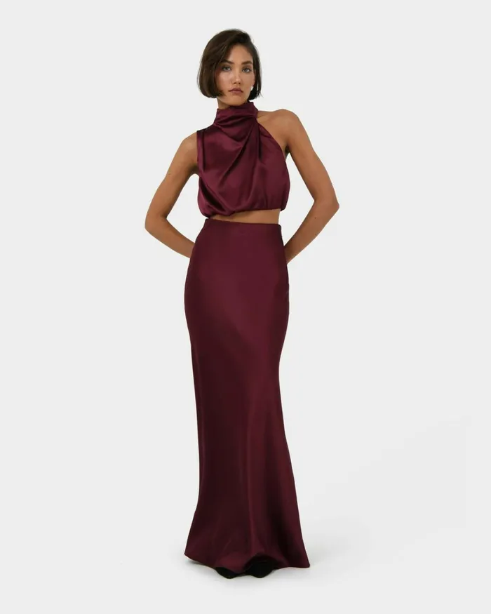 Forcast Kaye Maxi Bias Skirt Wine Women Midi and Maxi Skirts