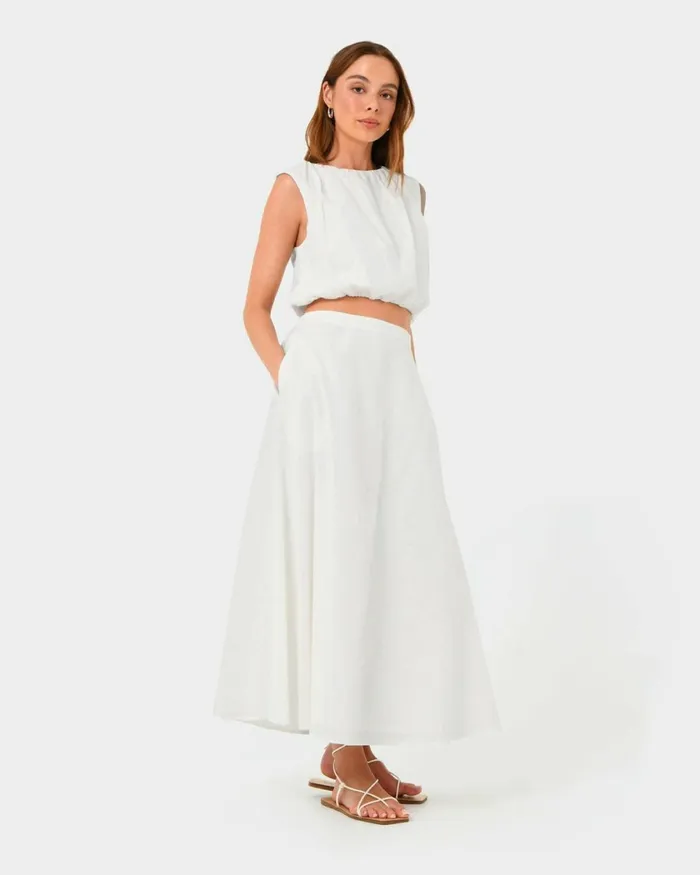 Forcast Kenya Linen Skirt Ivory Women Midi and Maxi Skirts