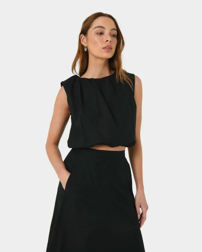 Forcast Kenya Rouched Linen Top Ivoryblack Women TShirts and Tops