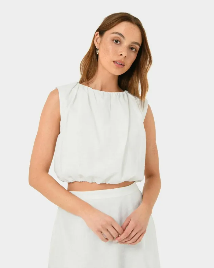 Forcast Kenya Rouched Linen Top Ivoryblack Women TShirts and Tops