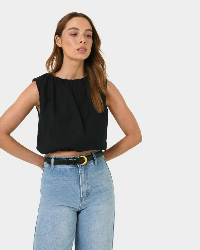 Forcast Kenya Rouched Linen Top Ivoryblack Women TShirts and Tops