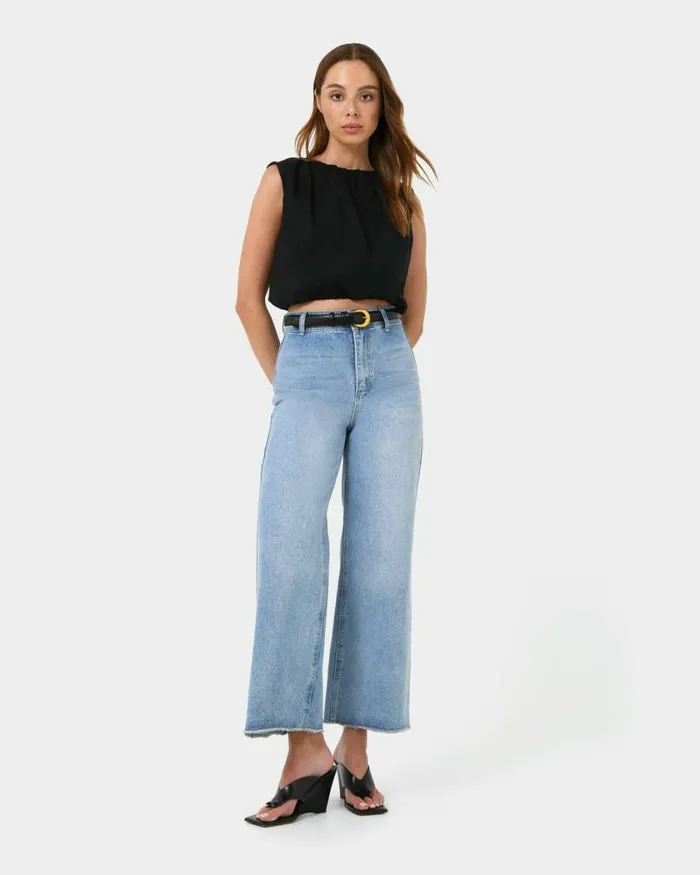 Forcast Kenya Rouched Linen Top Ivoryblack Women TShirts and Tops