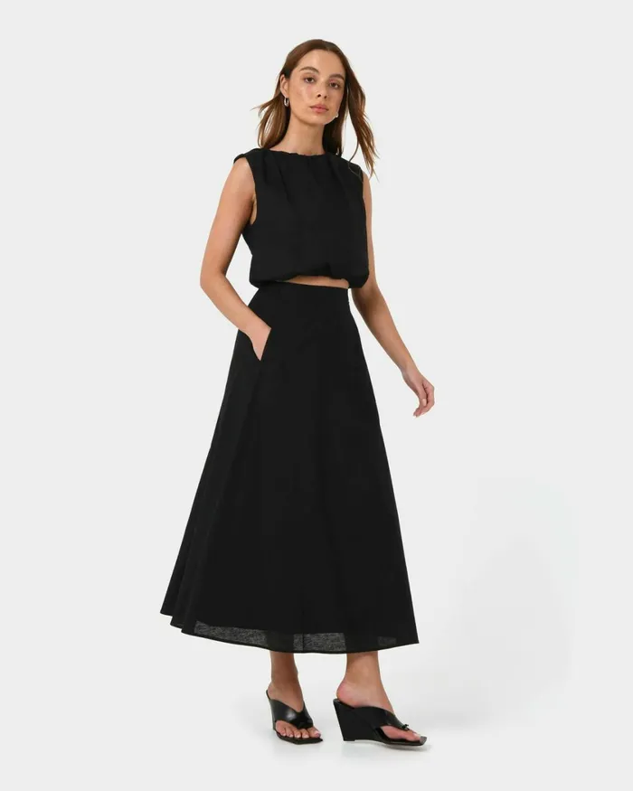 Forcast Kenya Rouched Linen Top Ivoryblack Women TShirts and Tops