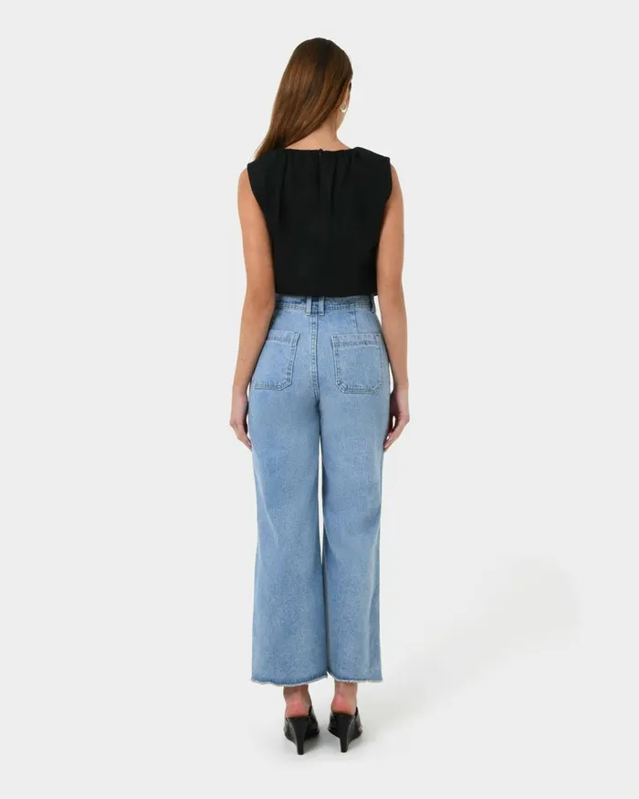 Forcast Kenya Rouched Linen Top Ivoryblack Women TShirts and Tops