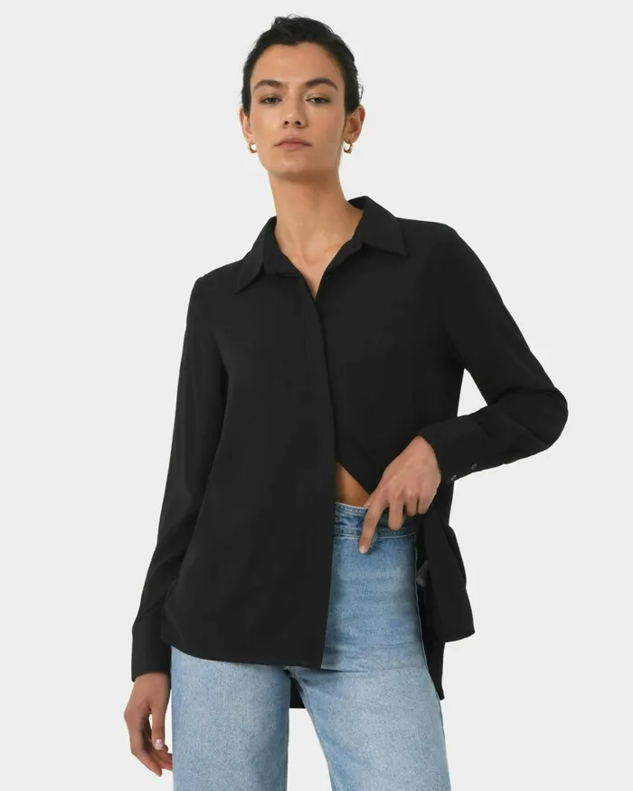 Forcast Kevin Relax Fit Crepe Shirt Black Women TShirts and Tops