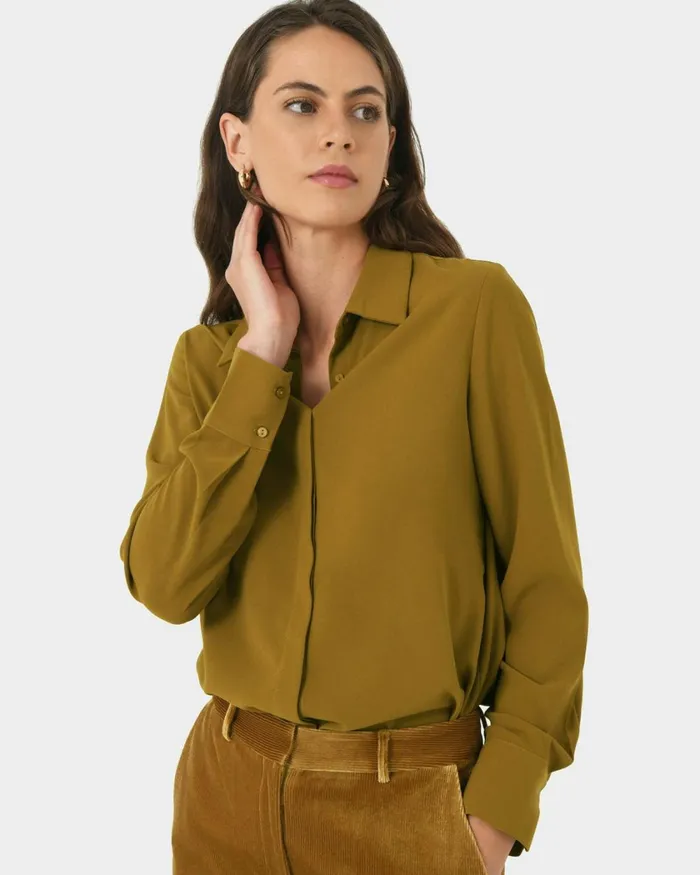 Forcast Kevin Relax Fit Crepe Shirt Dark Olive Women TShirts and Tops