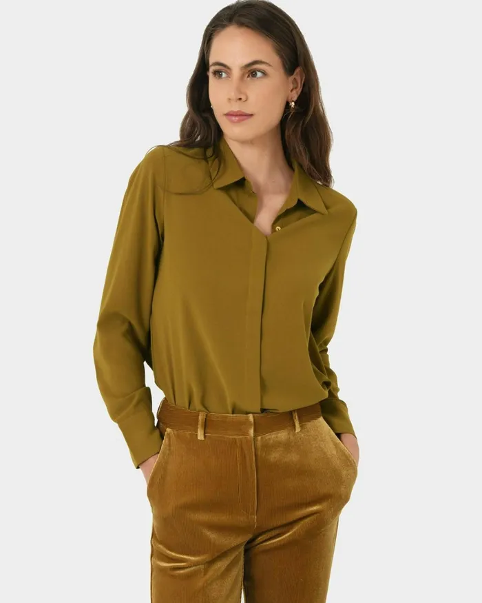 Forcast Kevin Relax Fit Crepe Shirt Dark Olive Women TShirts and Tops