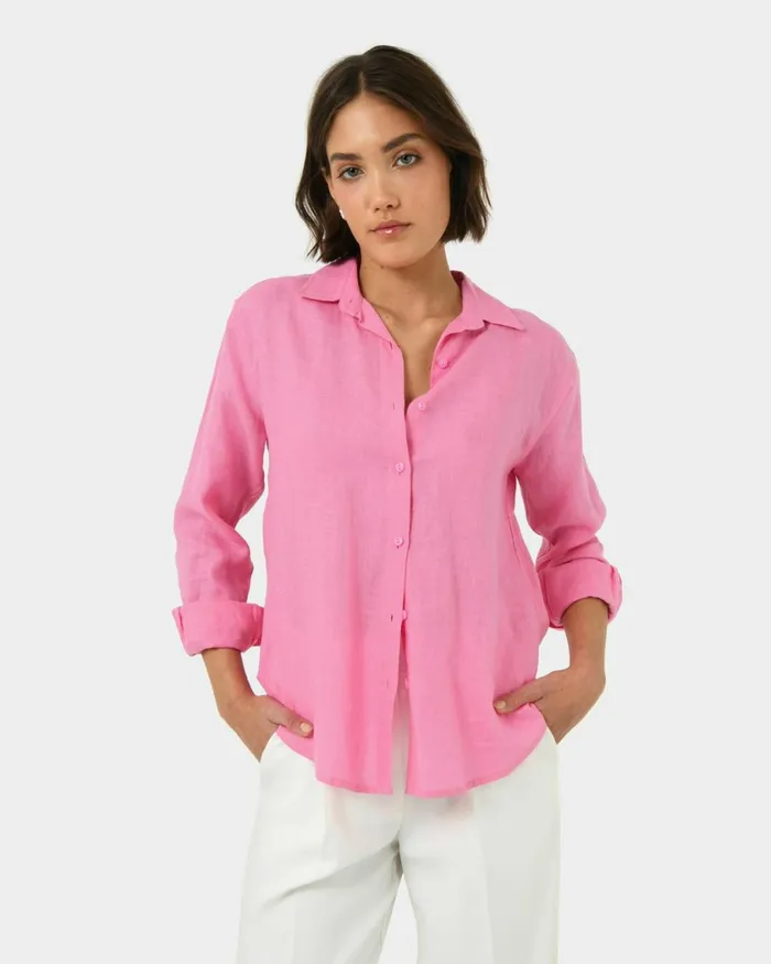Forcast Khalo Linen Buttoned Shirt Pink Women TShirts and Tops