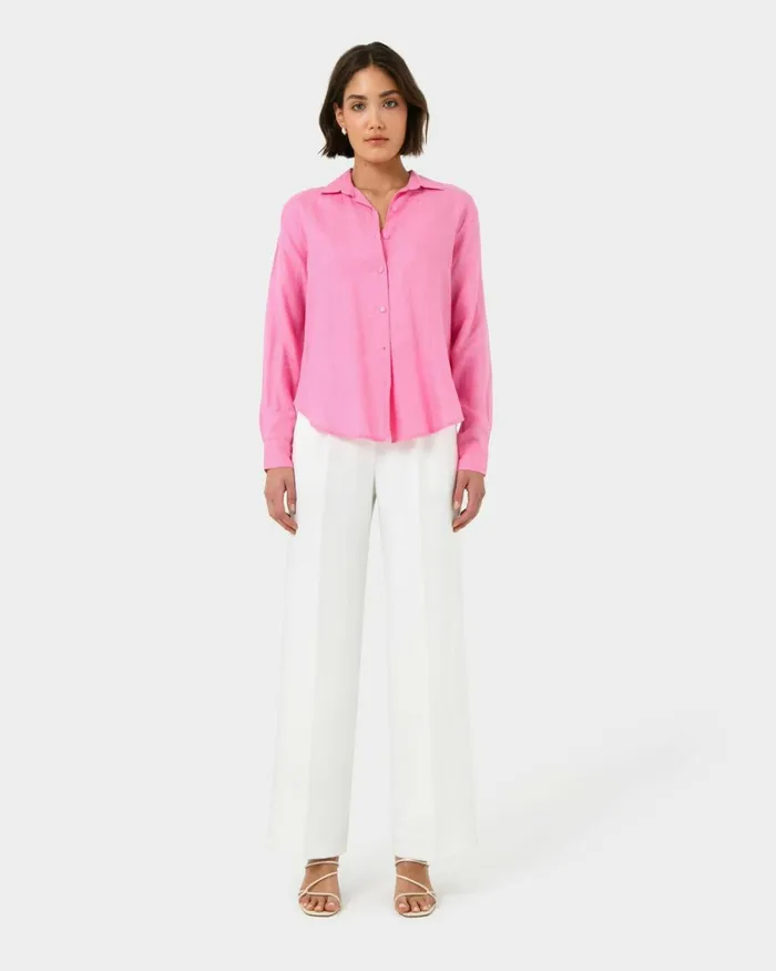 Forcast Khalo Linen Buttoned Shirt Pink Women TShirts and Tops