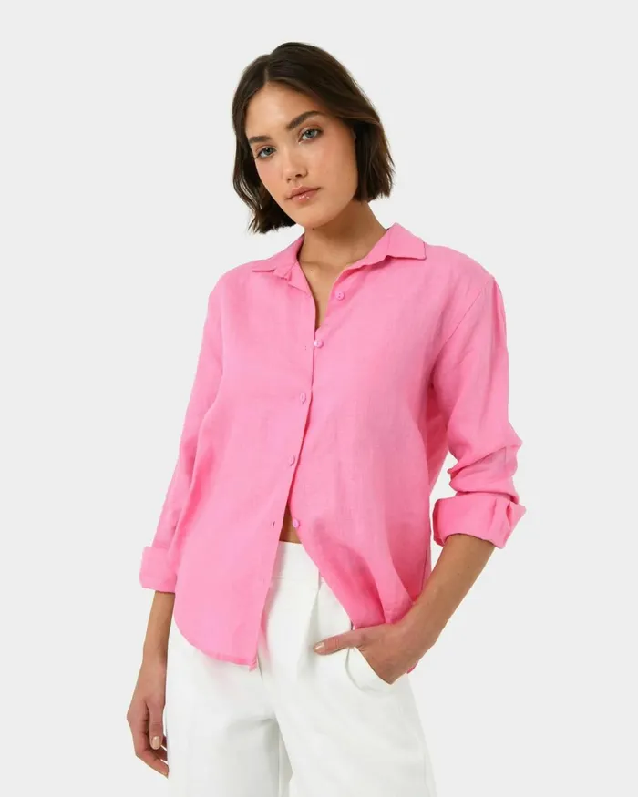 Forcast Khalo Linen Buttoned Shirt Pink Women TShirts and Tops