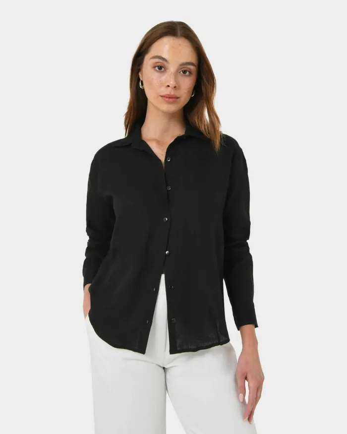 Forcast Khalo Linen Buttoned Shirt Whiteblack Women TShirts and Tops
