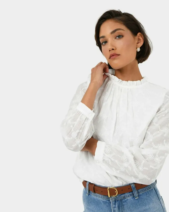 Forcast Khole Embroidery Blouse White Women TShirts and Tops