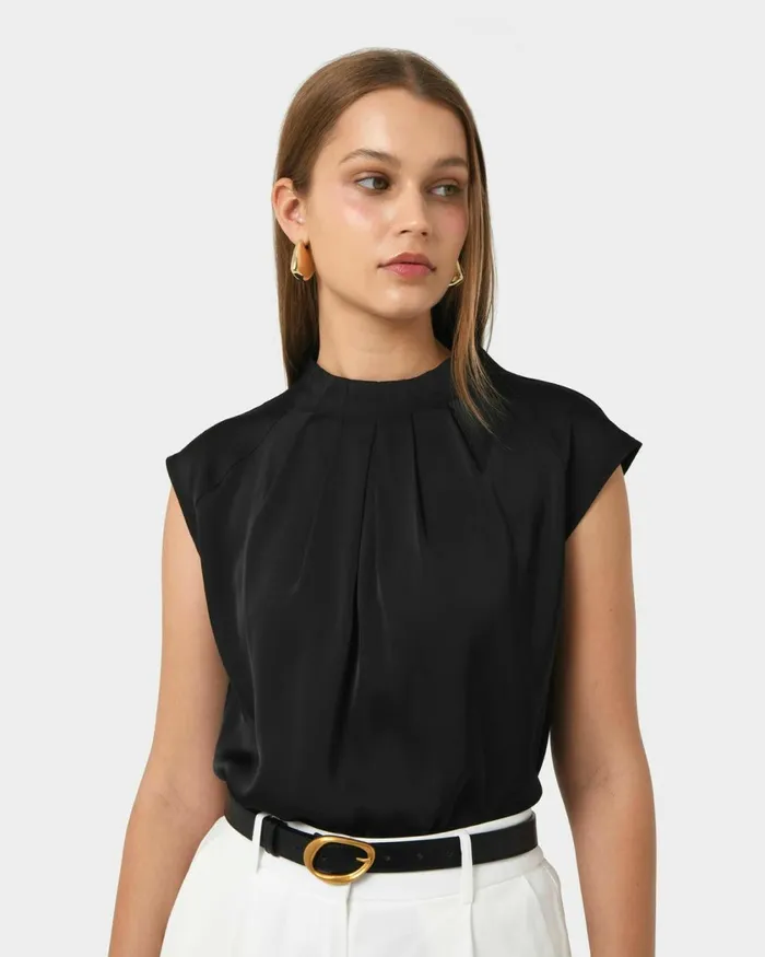 Forcast Kiar Pleated Satin Top Oriental Blueivoryblack Women TShirts and Tops