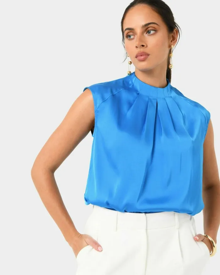Forcast Kiar Pleated Satin Top Oriental Blueivoryblack Women TShirts and Tops