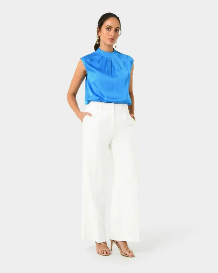 Forcast Kiar Pleated Satin Top Oriental Blueivoryblack Women TShirts and Tops