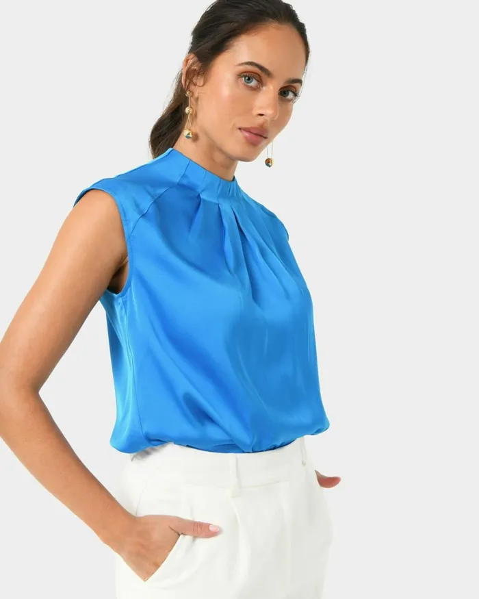 Forcast Kiar Pleated Satin Top Oriental Blueivoryblack Women TShirts and Tops