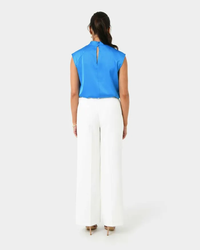 Forcast Kiar Pleated Satin Top Oriental Blueivoryblack Women TShirts and Tops