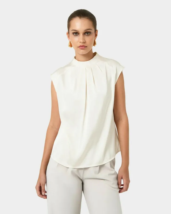 Forcast Kiar Pleated Satin Top Oriental Blueivoryblack Women TShirts and Tops