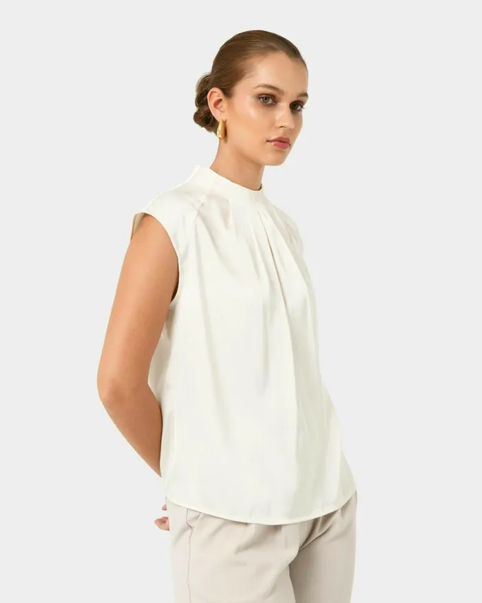 Forcast Kiar Pleated Satin Top Oriental Blueivoryblack Women TShirts and Tops