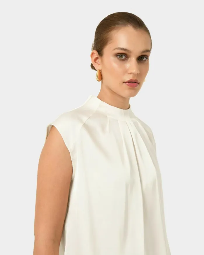 Forcast Kiar Pleated Satin Top Oriental Blueivoryblack Women TShirts and Tops
