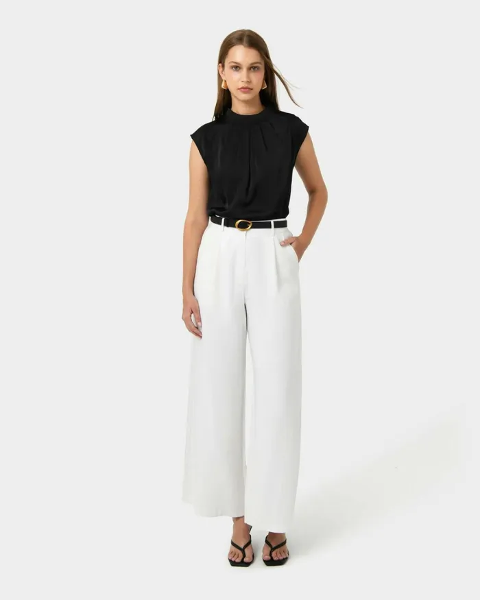 Forcast Kiar Pleated Satin Top Oriental Blueivoryblack Women TShirts and Tops