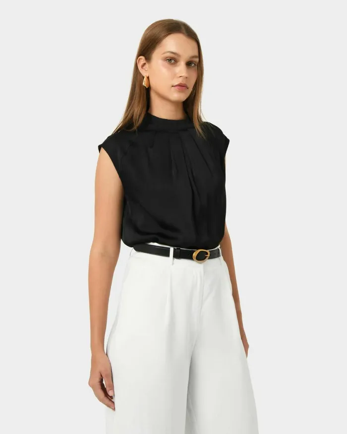 Forcast Kiar Pleated Satin Top Oriental Blueivoryblack Women TShirts and Tops