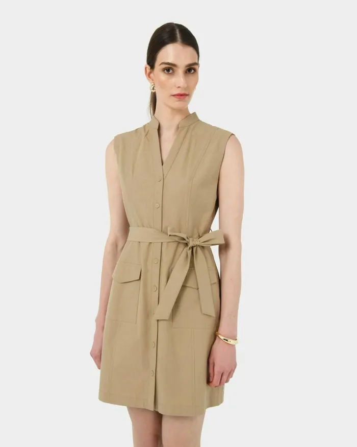 Forcast Kiran Utility Tie Dress Safari Beigeblack Women Mini Dresses