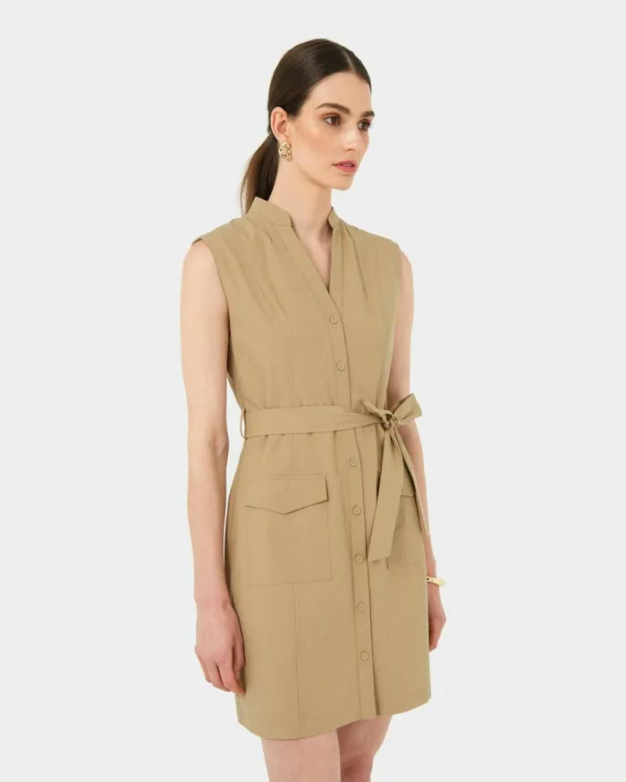 Forcast Kiran Utility Tie Dress Safari Beigeblack Women Mini Dresses