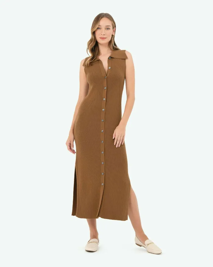 Forcast Kita Polo Collar Knit Dress Dark Camel Women Work Dresses