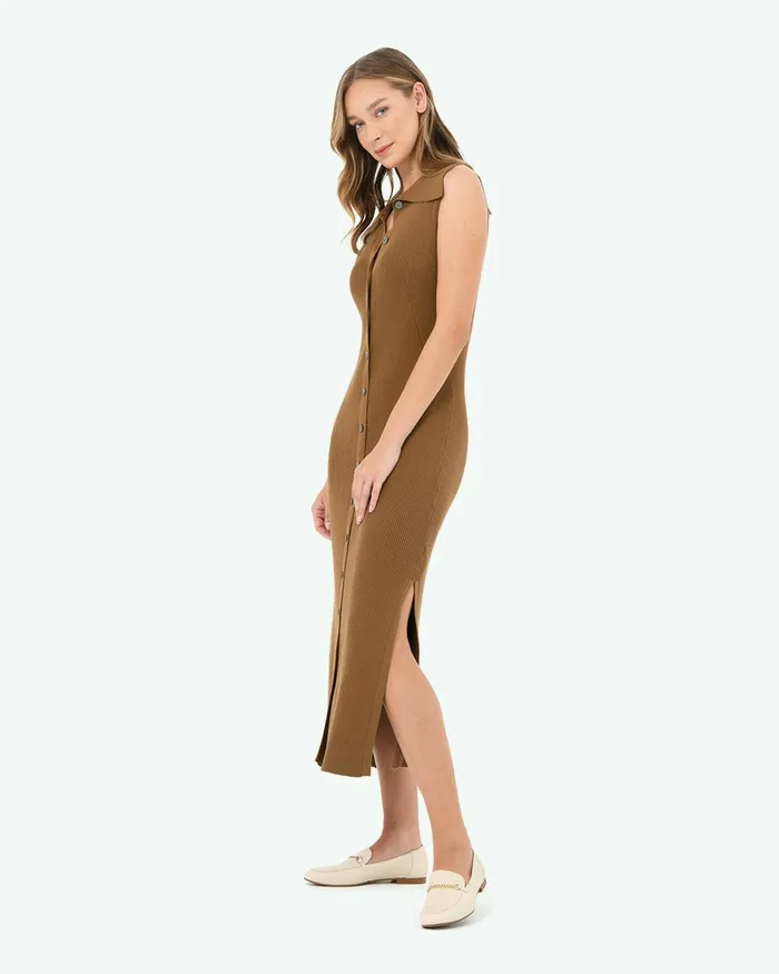 Forcast Kita Polo Collar Knit Dress Dark Camel Women Work Dresses