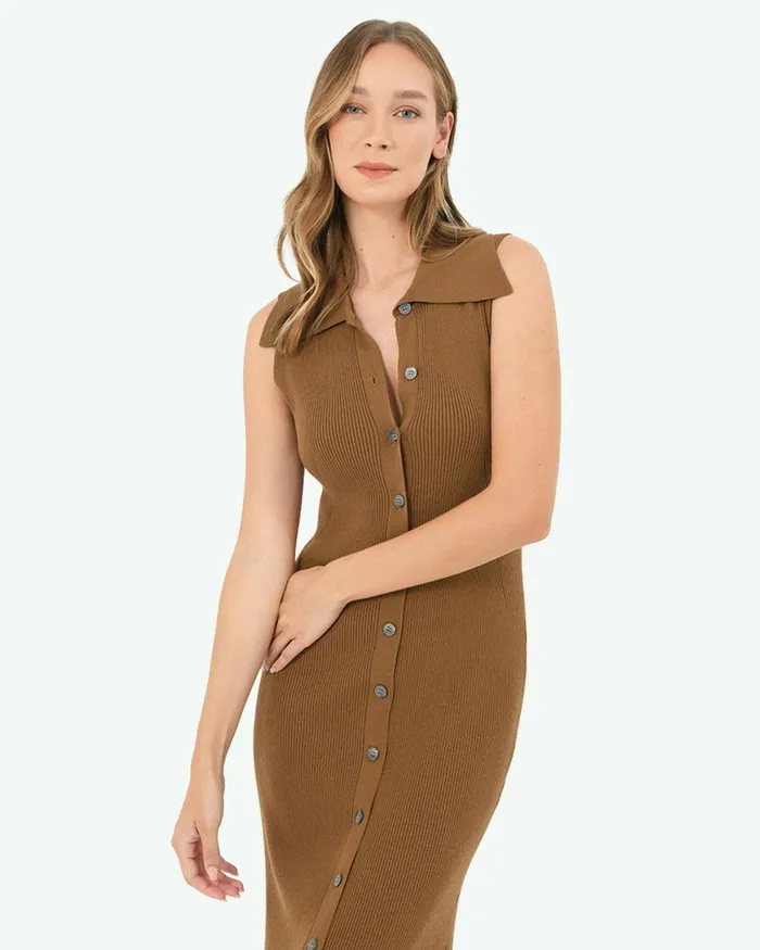 Forcast Kita Polo Collar Knit Dress Dark Camel Women Work Dresses